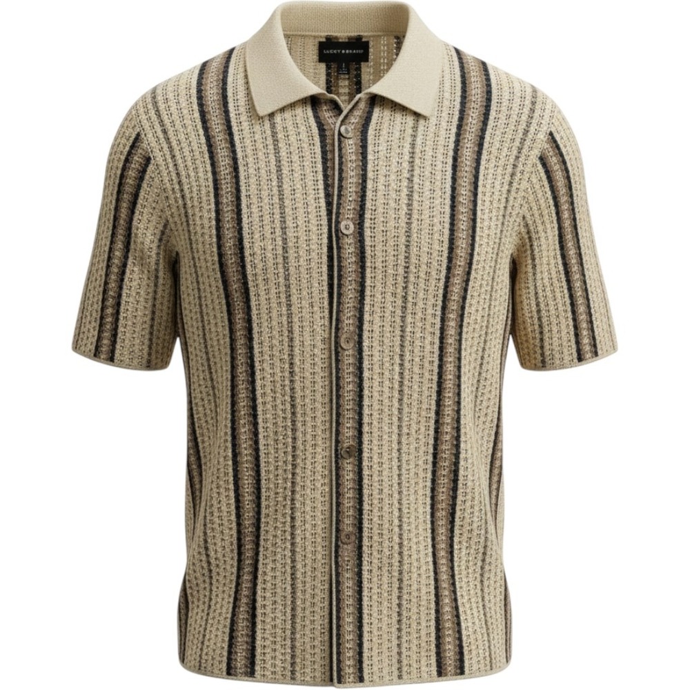 Lucky Brand‎ Mens S Striped Knit Button Down Polo Shirt Beige Tan Resortwear NEW